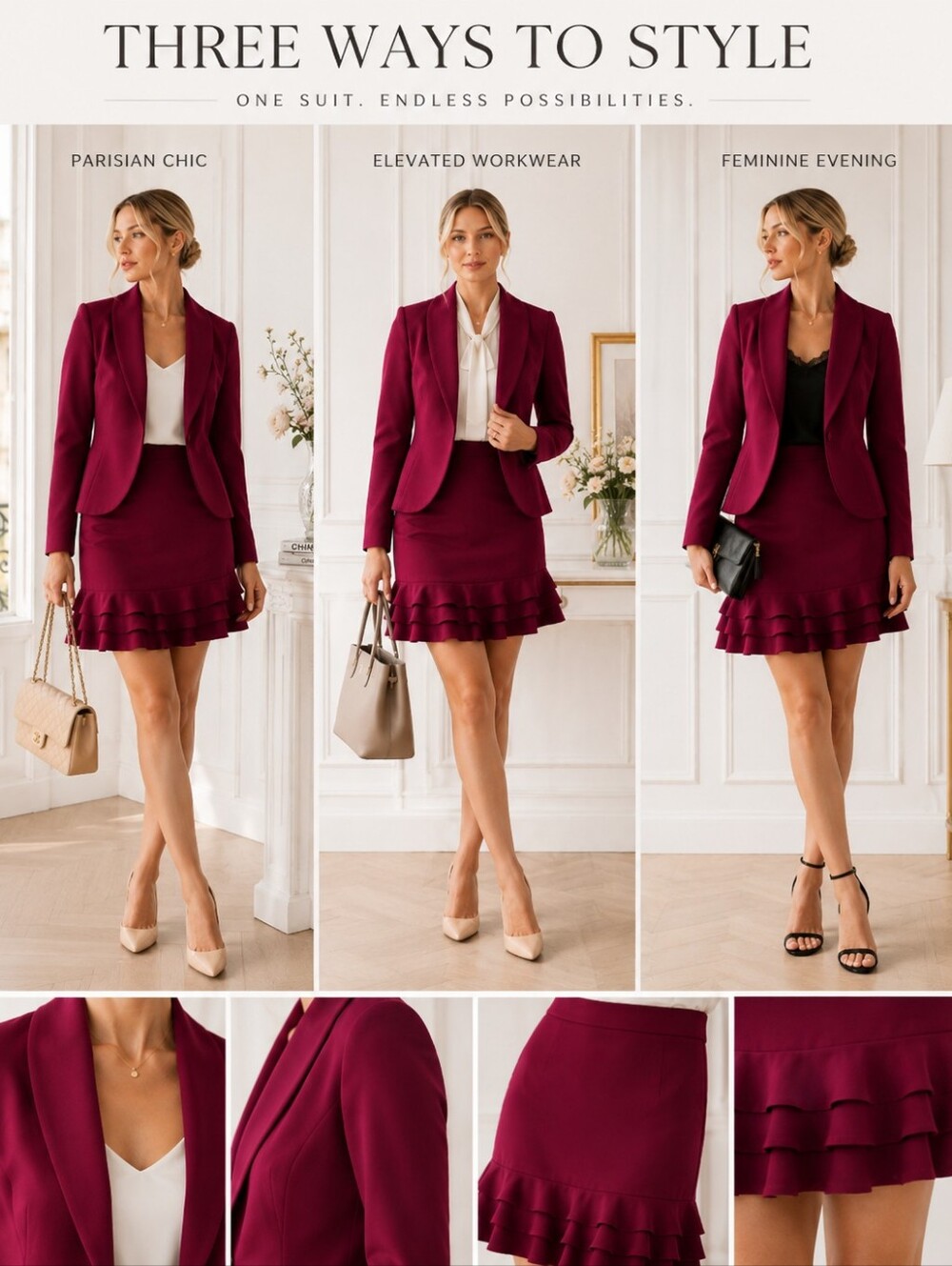 Bloomingdale's Size 14 Berry Skirt Suit | Shawl Collar Blazer & Ruffle Hem Skirt - Picture 5 of 10